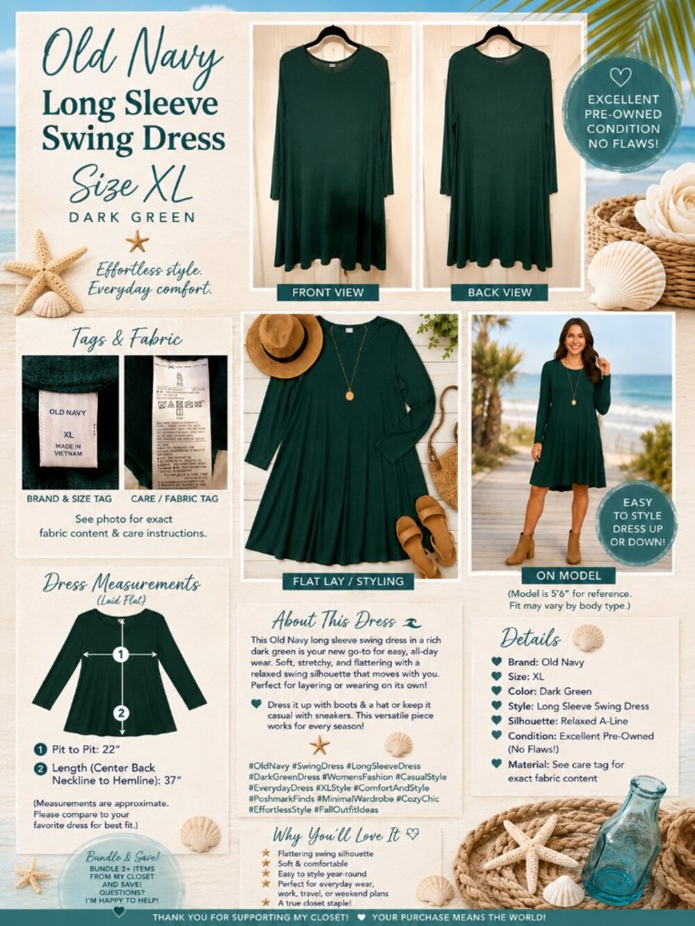 Old Navy Dark Green Long Sleeve Swing Dress, Size XL 💚